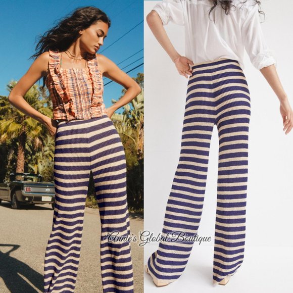 RARE NWT ANTHROPOLOGIE FLAT WHITE Striped Knit Pants. Size L - Picture 4 of 16